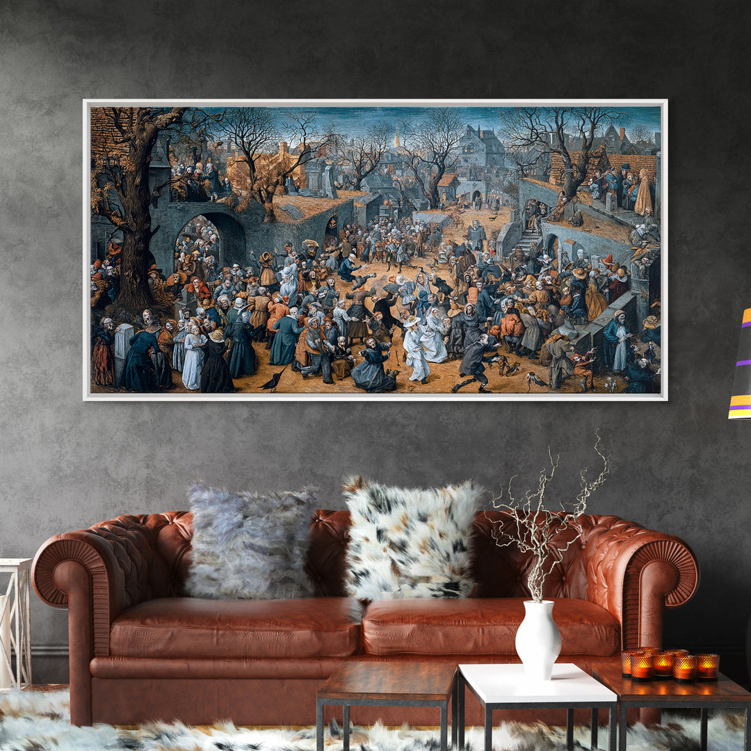 The Graveyard Dance, Northern Renaissance Horror, Wide Panoramic Art, Dark Fantasy Wall Art, Framed Canvas Print
