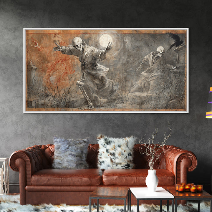 The Graveyard Dance, Dark Renaissance Art, Wide Panoramic Art, Macabre Wall Art, Framed Canvas Print, Halloween Wall Art