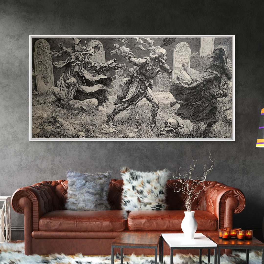The Graveyard Dance, Renaissance Engraving Art, Wide Panoramic Art, Gothic Horror Wall Art, Canvas Print, Halloween Wall Art
