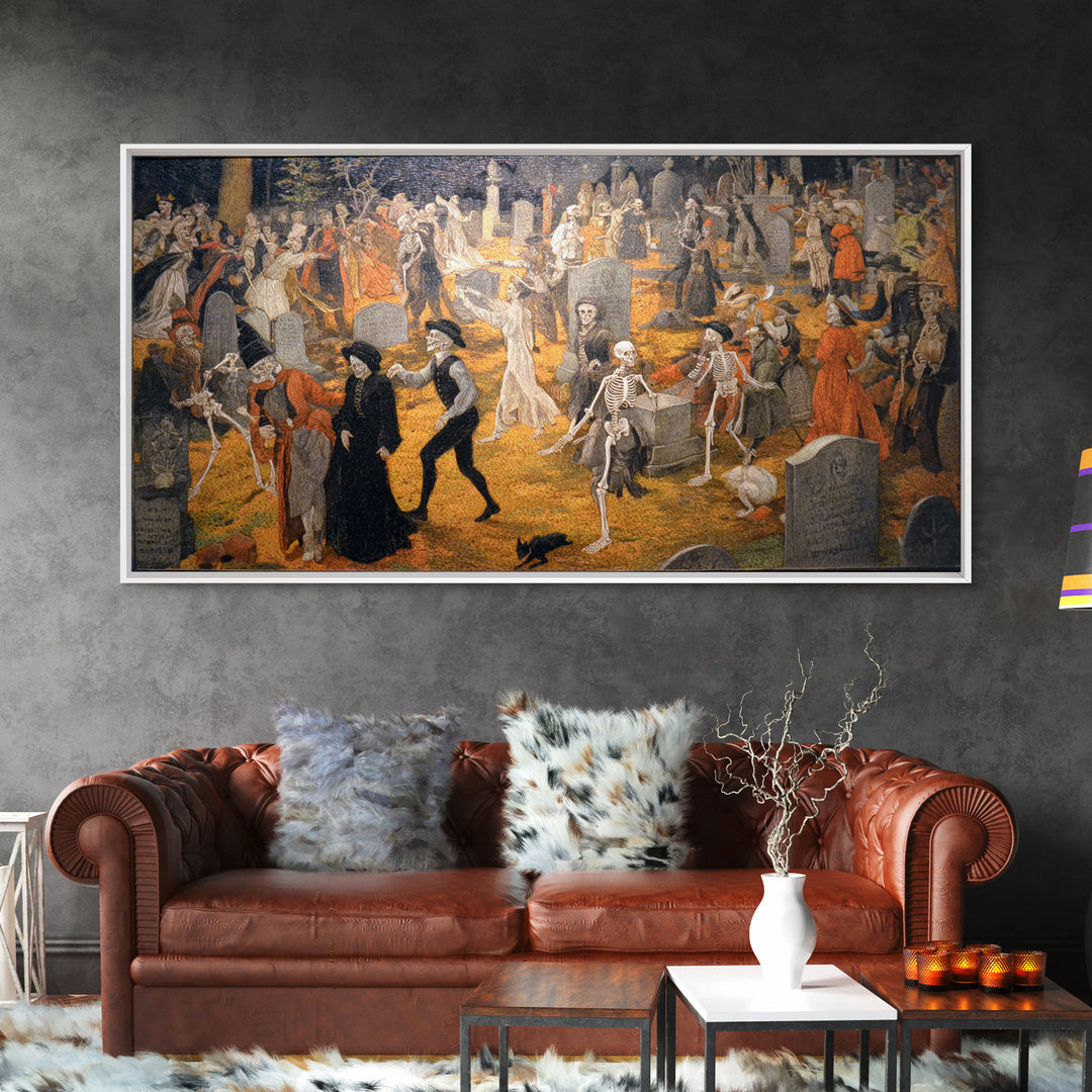 The Graveyard Dance, Danse Macabre Art, Wide Panoramic Art, Macabre Wall Art, Canvas Print, Halloween Wall Art