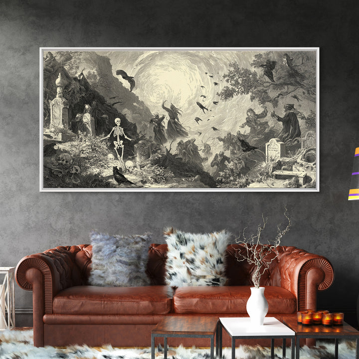 The Graveyard Dance, Baroque Witchcraft Art, Wide Panoramic Art, Gothic Horror Wall Art, Framed Canvas Print, Halloween Wall Art