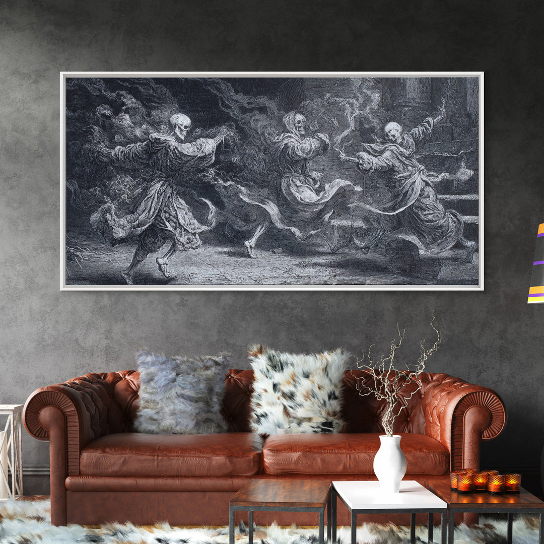 The Graveyard Dance, Architectural Etching Art, Wide Panoramic Art, Gothic Horror Wall Art, Framed Canvas Print