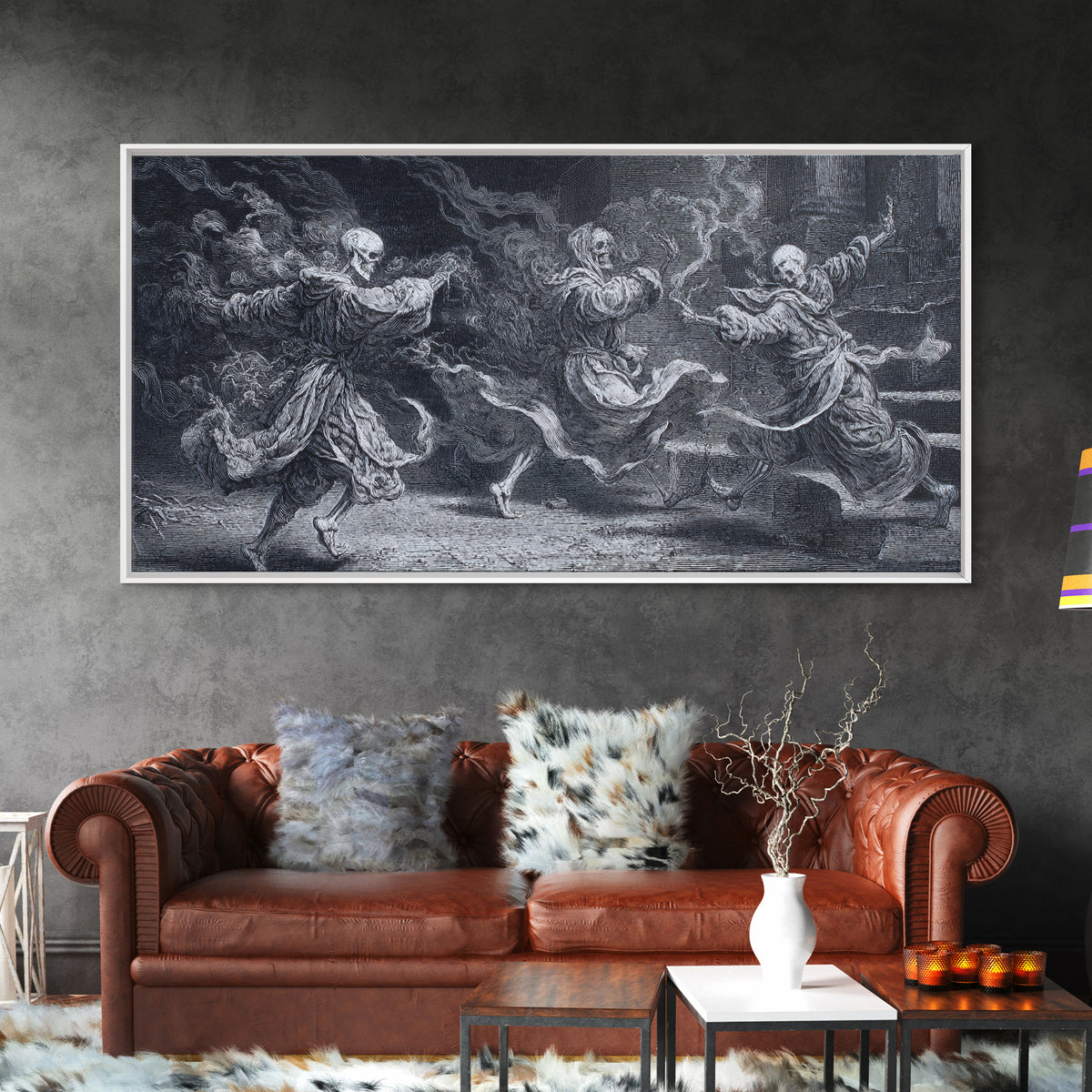 The Graveyard Dance, Architectural Etching Art, Wide Panoramic Art, Gothic Horror Wall Art, Framed Canvas Print
