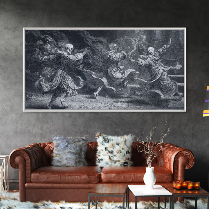 The Graveyard Dance, Architectural Etching Art, Wide Panoramic Art, Gothic Horror Wall Art, Framed Canvas Print
