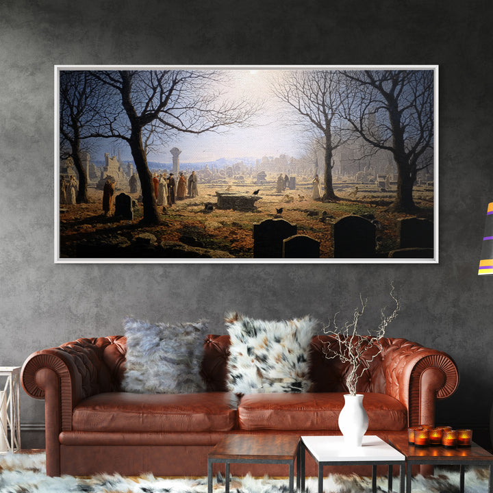 The Graveyard Dance, Romantic Gothic Landscape, Wide Panoramic Art, Dark Fantasy Wall Art, Canvas Print, Halloween Wall Art