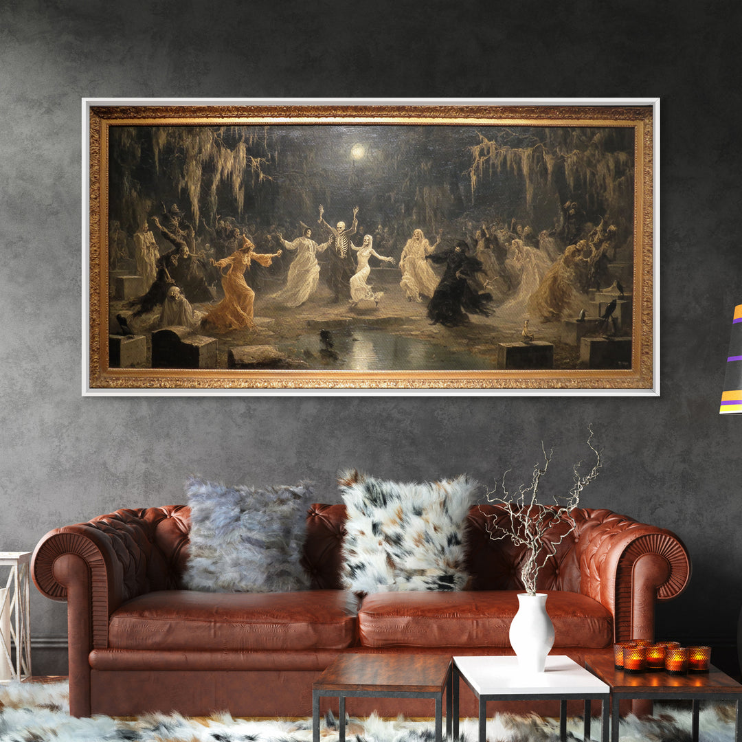 The Graveyard Dance, Symbolist Gothic Landscape, Wide Panoramic Art, Macabre Wall Art, Framed Canvas Print, Halloween Wall Art