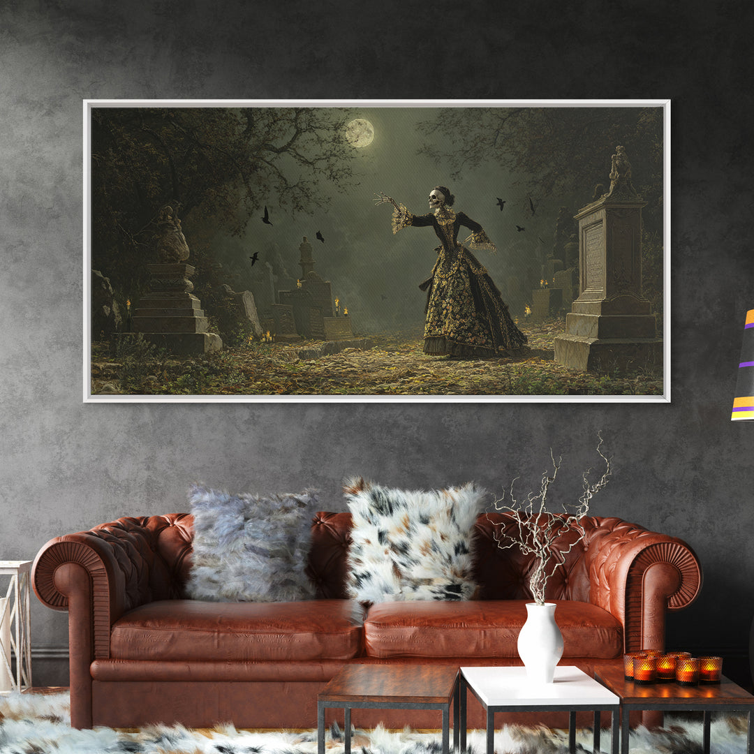 The Graveyard Dance, Ornate Symbolist Art, Wide Panoramic Art, Dark Fantasy Wall Art, Canvas Print, Halloween Wall Art
