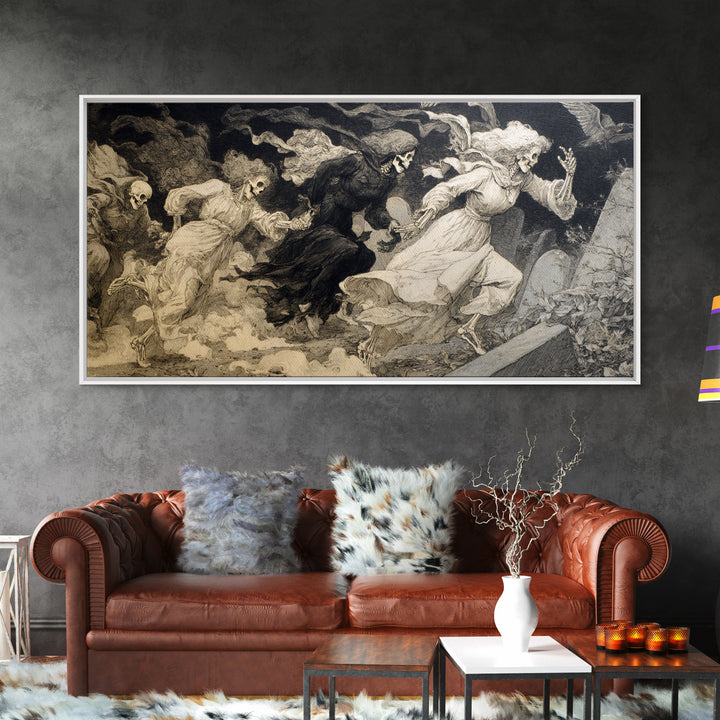 The Graveyard Dance, Decadent Gothic Art, Wide Panoramic Art, Macabre Wall Art, Canvas Print, Halloween Wall Art