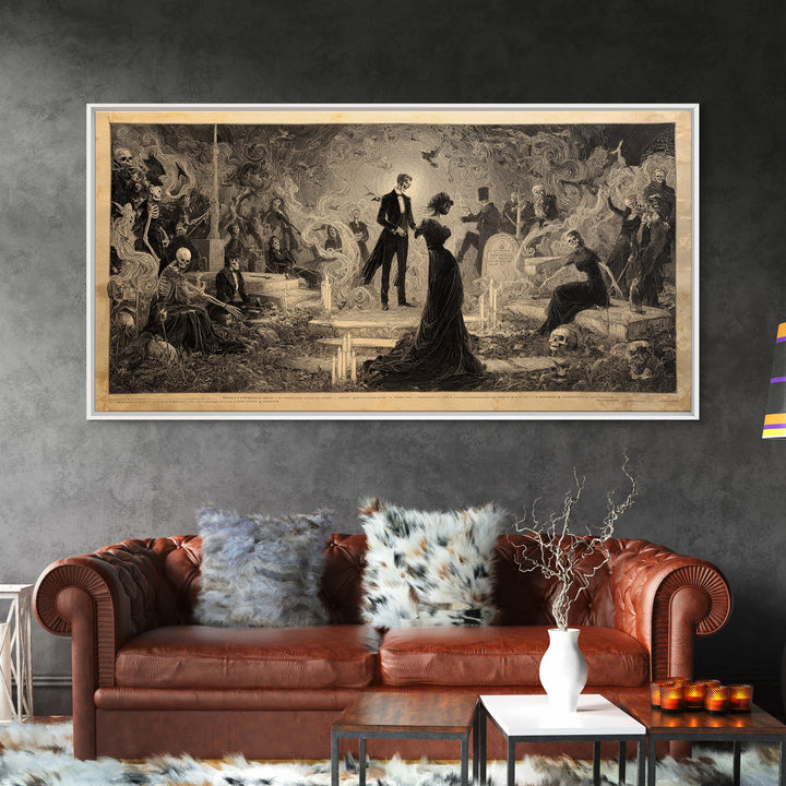 The Graveyard Dance, Dark Symbolist Art, Wide Panoramic Art, Dark Halloween Decor, Framed Canvas Print, Halloween Wall Art