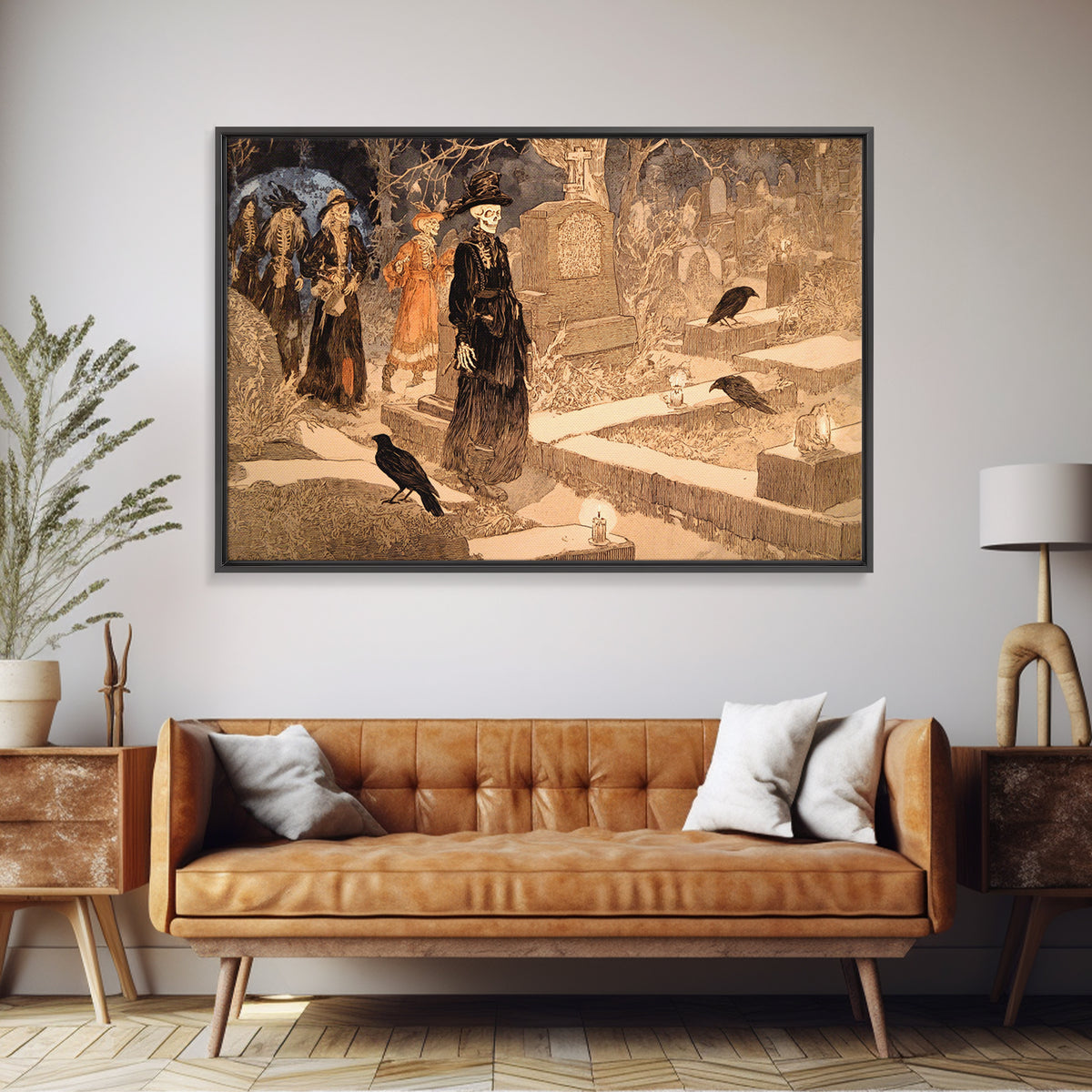 The Graveyard Dance, Symbolist Etching Art, Landscape Wall Art, Gothic Horror Wall Art, Framed Canvas Print, Halloween Wall Art