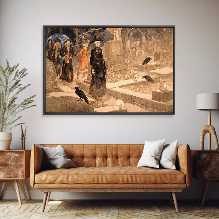 The Graveyard Dance, Symbolist Etching Art, Landscape Wall Art, Gothic Horror Wall Art, Framed Canvas Print, Halloween Wall Art