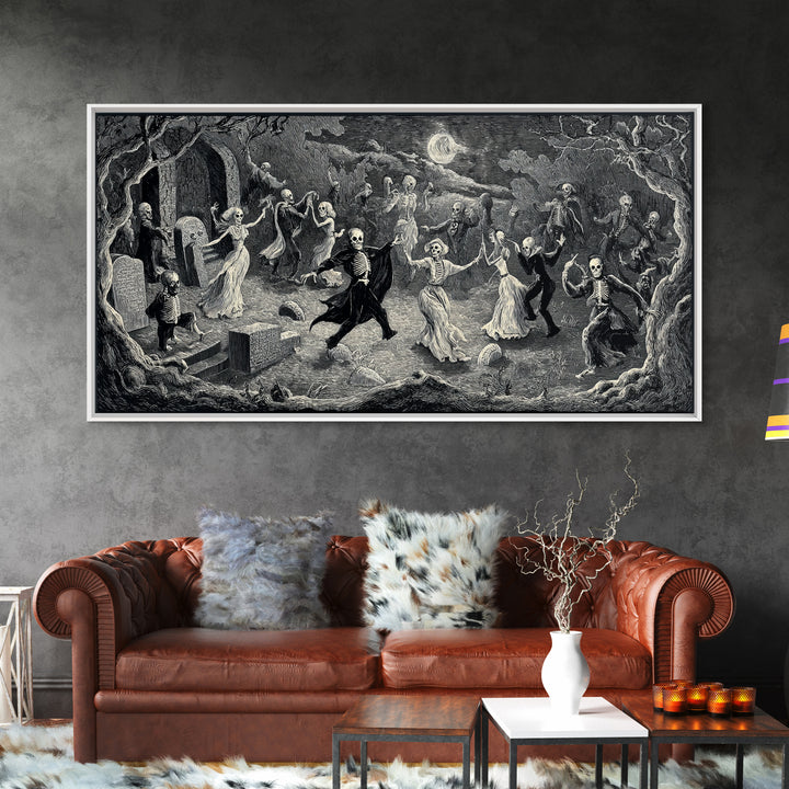The Graveyard Dance, Expressionist Nightmare Art, Wide Panoramic Art, Dark Fantasy Wall Art, Framed Canvas Print, Halloween Wall Art