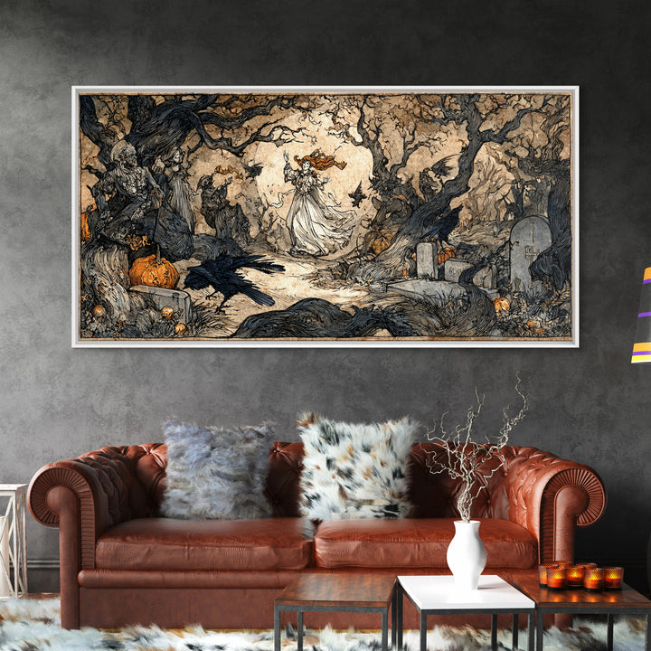The Graveyard Dance, Gothic Storybook Art, Wide Panoramic Art, Dark Halloween Decor, Canvas Print, Halloween Wall Art