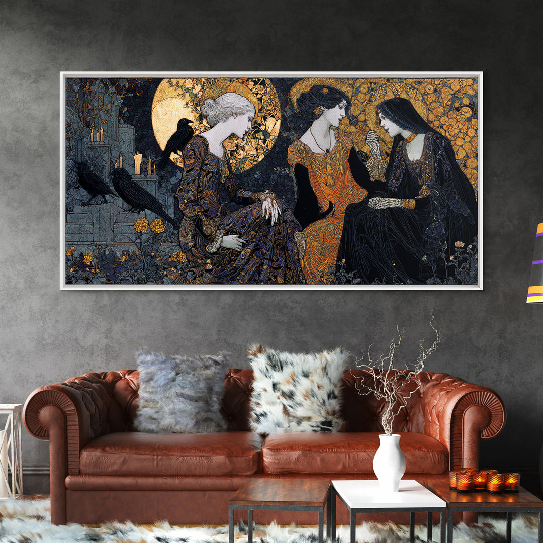The Graveyard Dance, Stained Glass Gothic Art, Wide Panoramic Art, Dark Halloween Decor, Framed Canvas Print, Halloween Wall Art