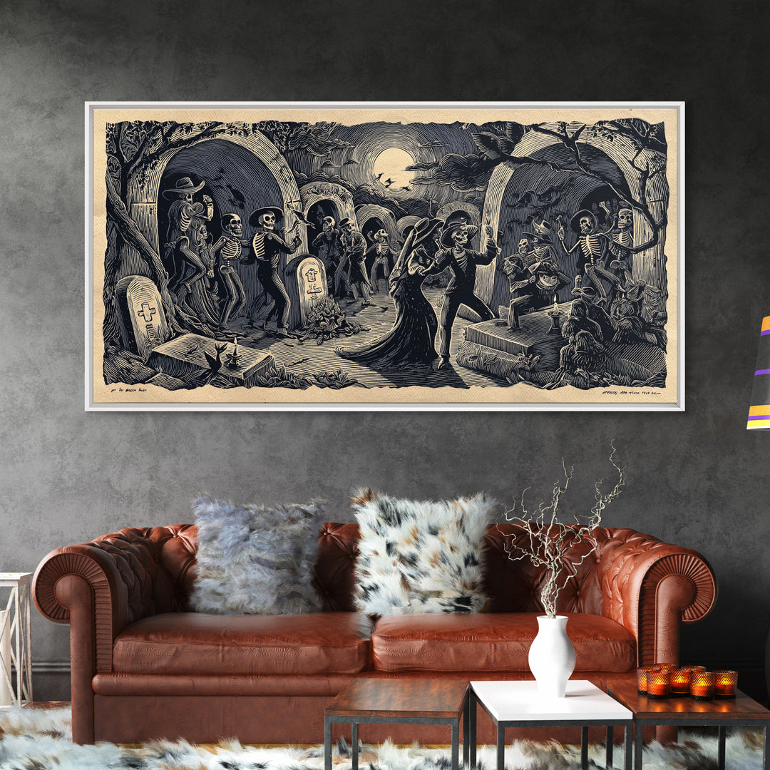 The Graveyard Dance, Macabre Folk Print Art, Wide Panoramic Art, Macabre Wall Art, Canvas Print, Halloween Wall Art