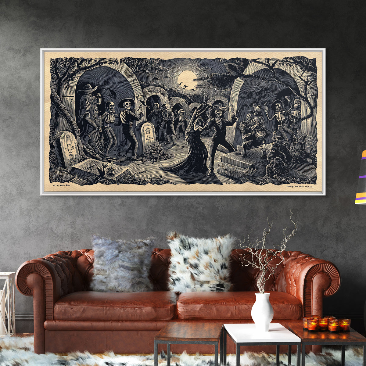 The Graveyard Dance, Macabre Folk Print Art, Wide Panoramic Art, Macabre Wall Art, Canvas Print, Halloween Wall Art
