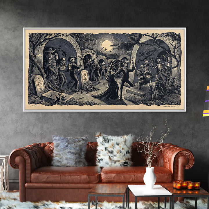 The Graveyard Dance, Macabre Folk Print Art, Wide Panoramic Art, Macabre Wall Art, Canvas Print, Halloween Wall Art