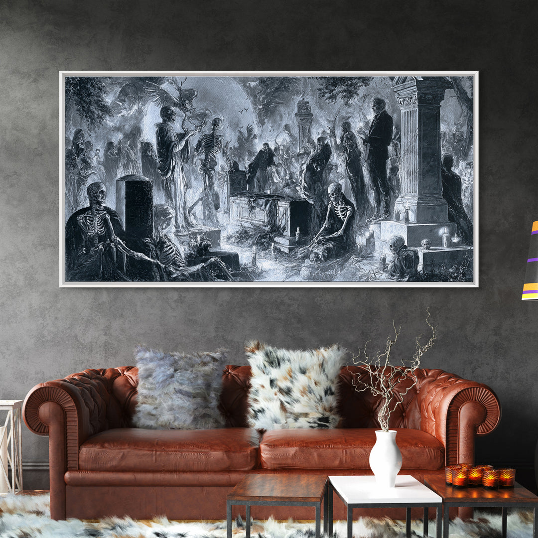 The Graveyard Dance, Biomechanical Horror Art, Wide Panoramic Art, Macabre Wall Art, Framed Canvas Print, Halloween Wall Art