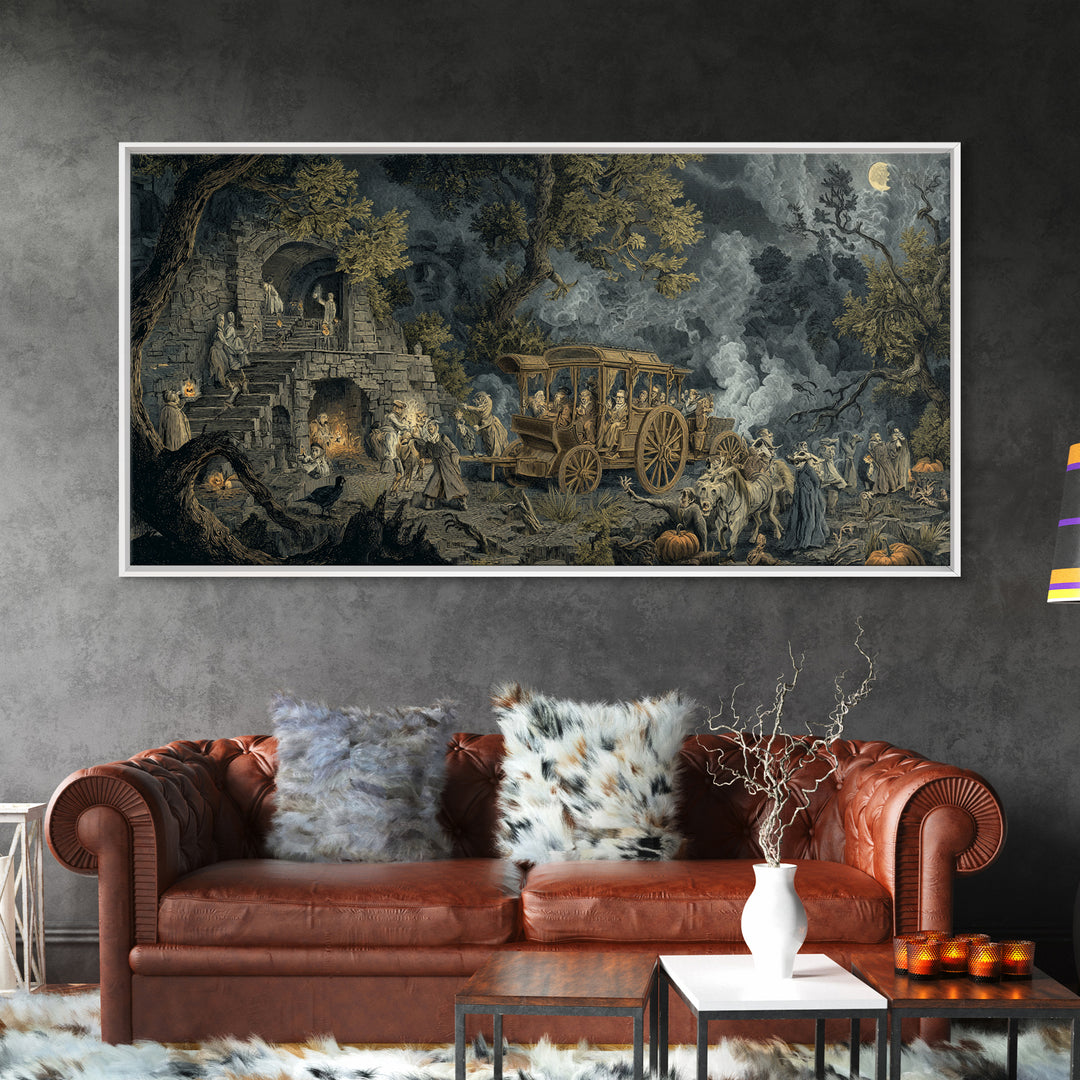 The Haunted Hayride, Architectural Etching Art, Wide Panoramic Art, Dark Fantasy Wall Art, Framed Canvas Print