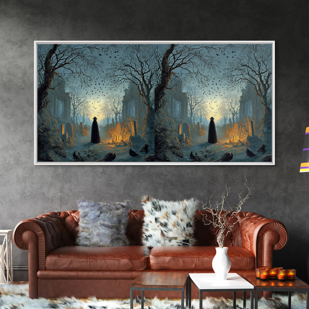 The Haunted Hayride, Romantic Gothic Landscape, Wide Panoramic Art, Dark Fantasy Wall Art, Framed Canvas Print, Halloween Wall Art