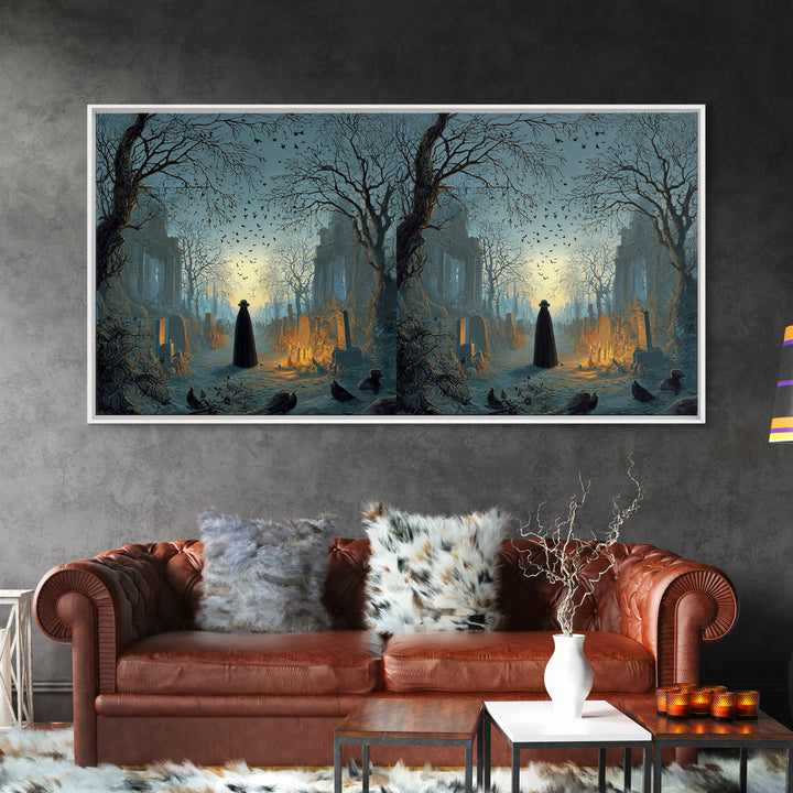 The Haunted Hayride, Romantic Gothic Landscape, Wide Panoramic Art, Dark Fantasy Wall Art, Framed Canvas Print, Halloween Wall Art