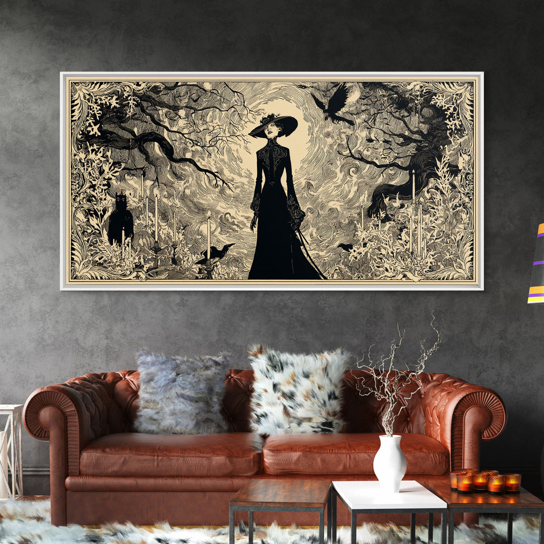The Haunted Hayride, Decadent Line Art, Wide Panoramic Art, Dark Fantasy Wall Art, Canvas Print, Halloween Wall Art