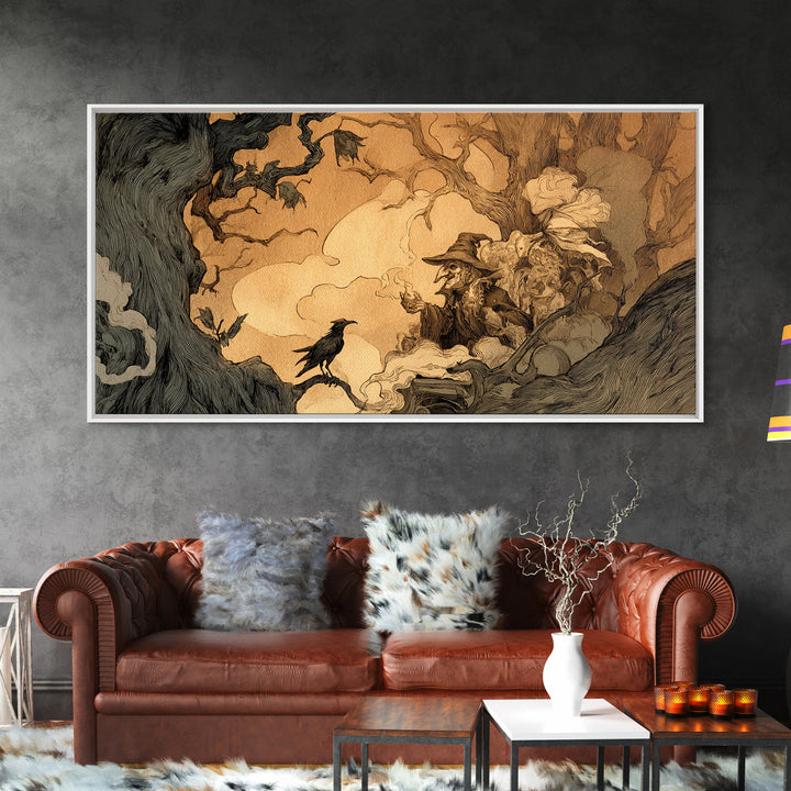 The Haunted Hayride, Gothic Storybook Art, Wide Panoramic Art, Dark Halloween Decor, Framed Canvas Print, Halloween Wall Art