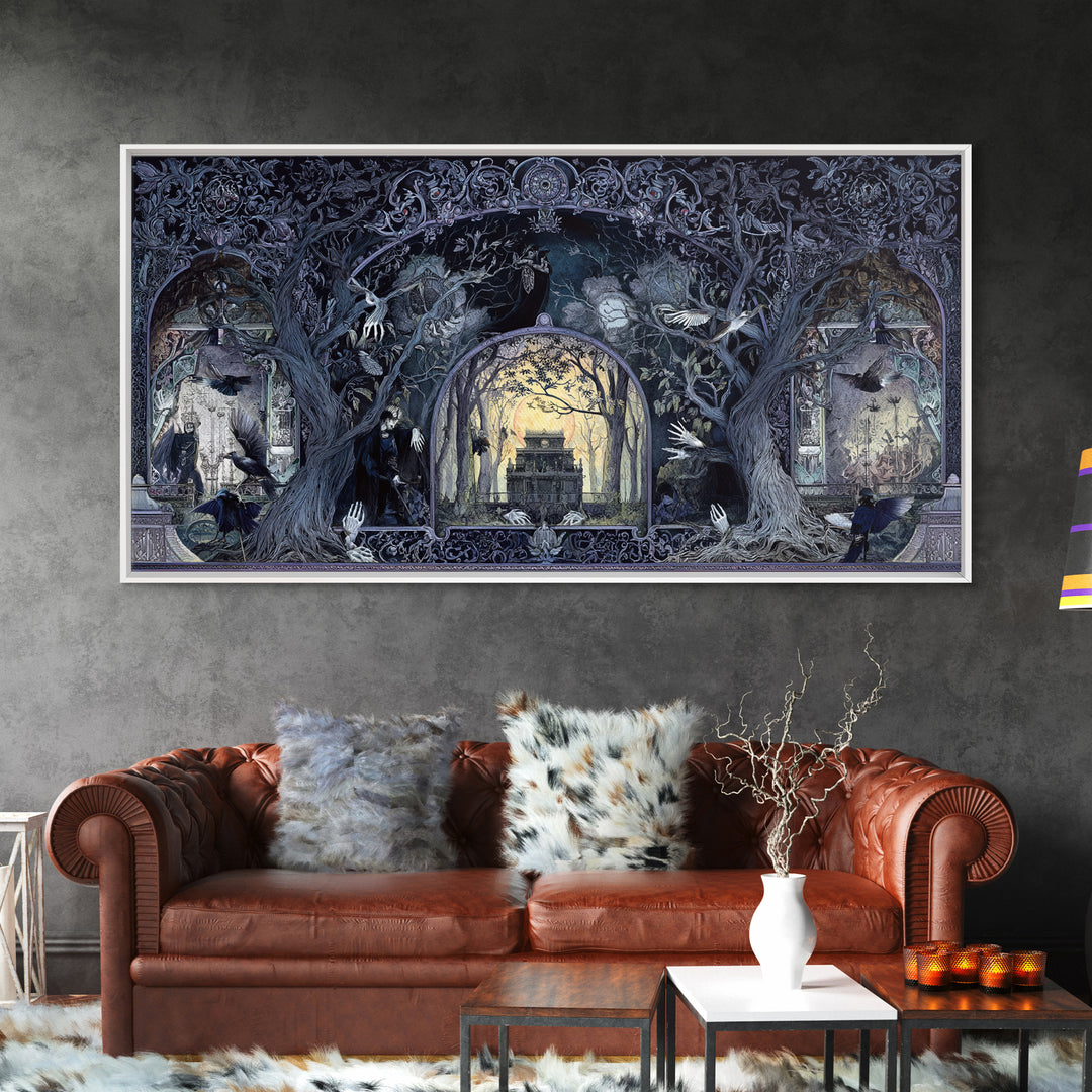 The Haunted Hayride, Stained Glass Gothic Art, Wide Panoramic Art, Gothic Horror Wall Art, Framed Canvas Print, Halloween Wall Art