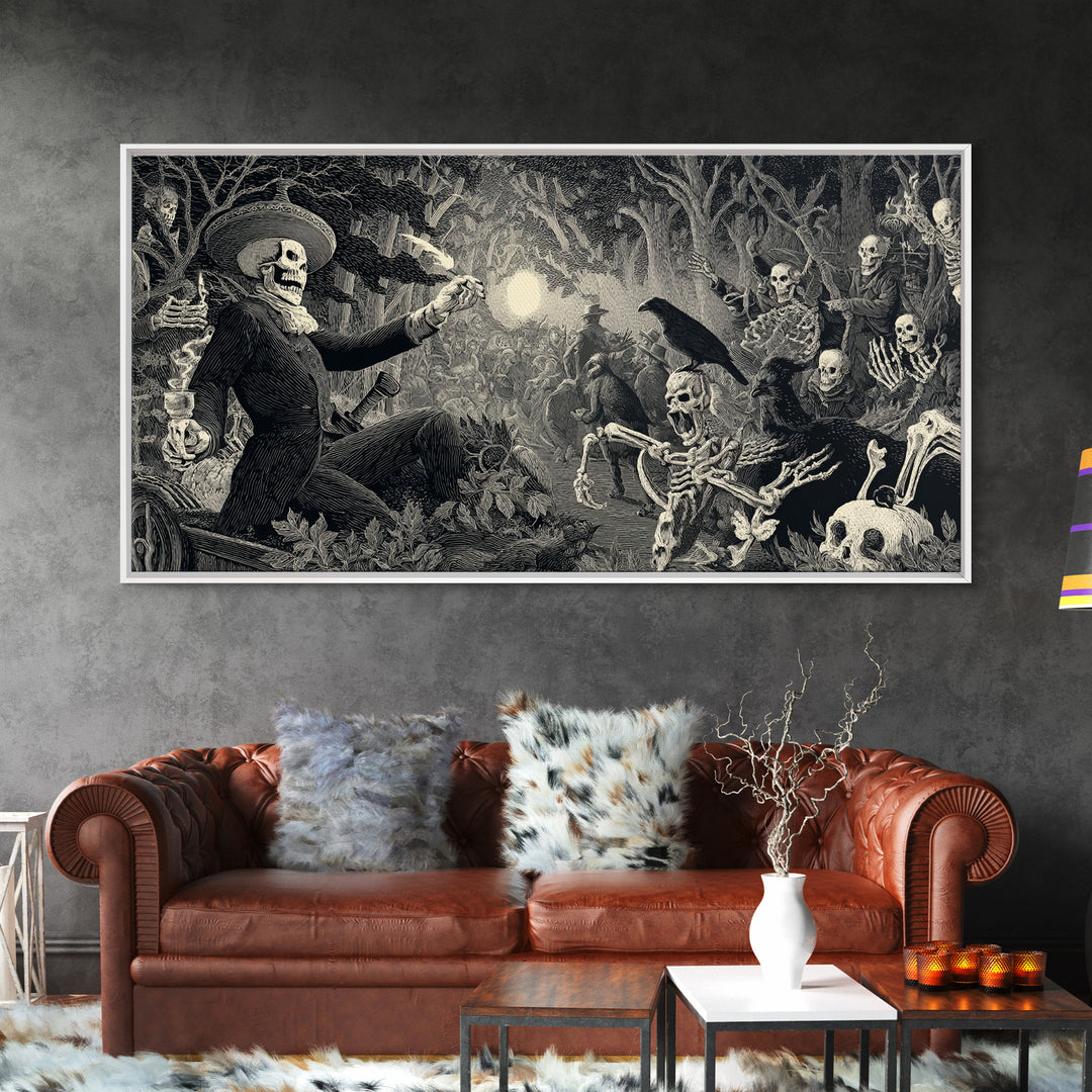 The Haunted Hayride, Macabre Folk Print Art, Wide Panoramic Art, Dark Halloween Decor, Canvas Print, Halloween Wall Art
