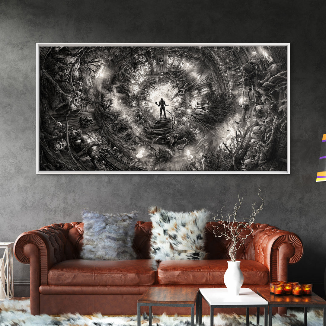 The Haunted Hayride, Biomechanical Horror Art, Wide Panoramic Art, Macabre Wall Art, Framed Canvas Print, Halloween Wall Art