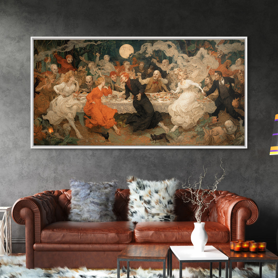The Zombie Picnic, Northern Renaissance Horror, Wide Panoramic Art, Dark Fantasy Wall Art, Framed Canvas Print, Halloween Wall Art