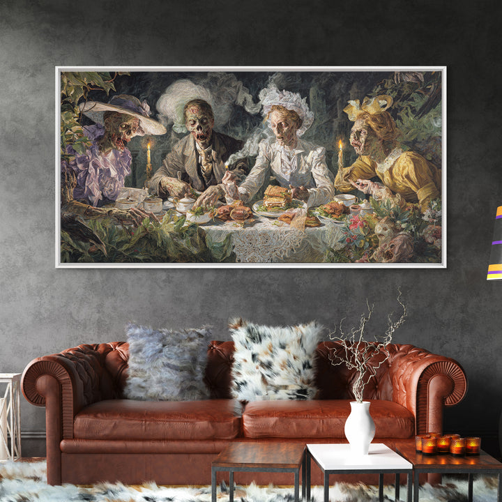 The Zombie Picnic, Dark Renaissance Art, Wide Panoramic Art, Dark Fantasy Wall Art, Framed Canvas Print, Halloween Wall Art