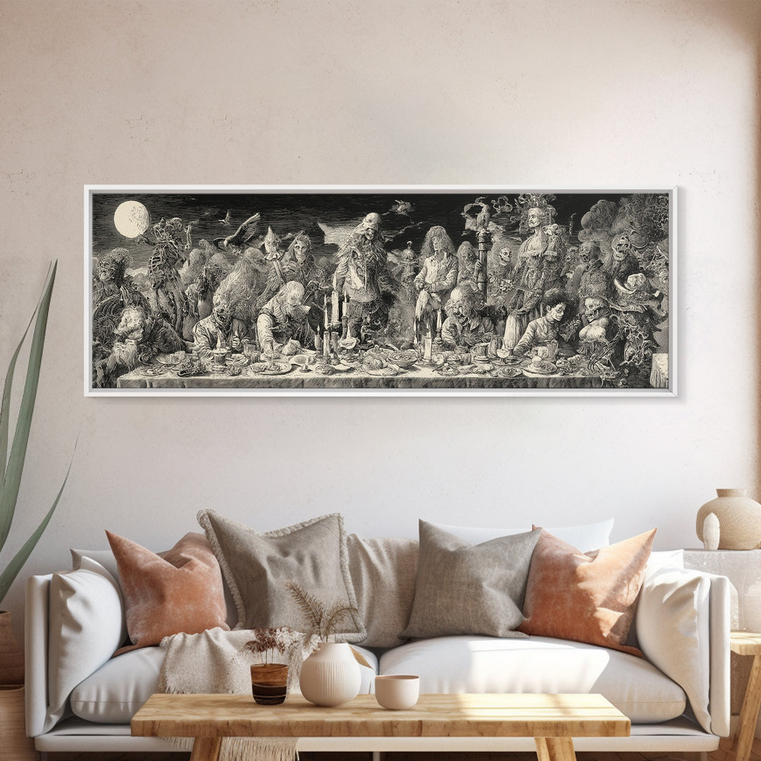 The Zombie Picnic, Renaissance Engraving Art, Extra Wide Wall Art, Dark Halloween Decor, Framed Canvas Print, Halloween Wall Art