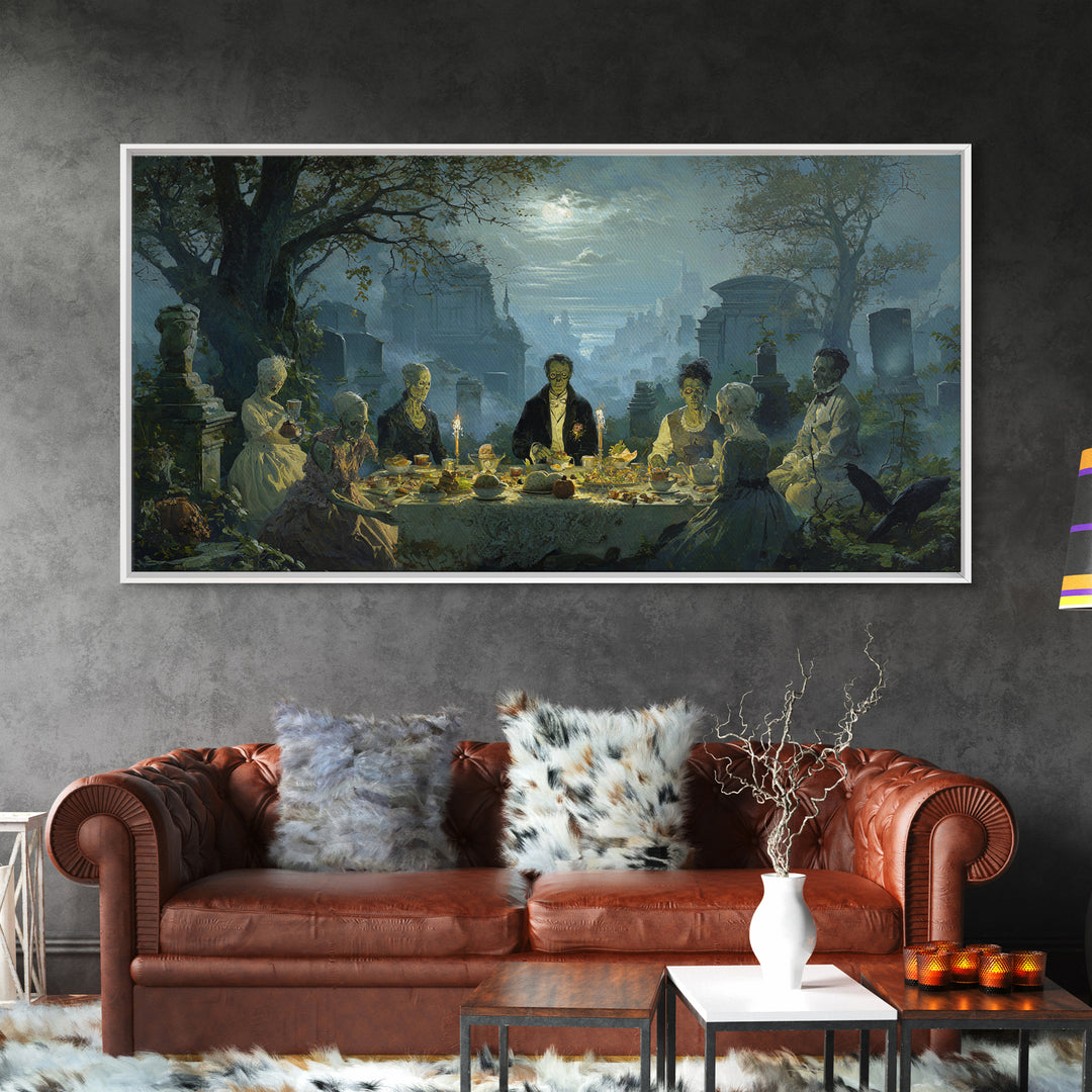 The Zombie Picnic, Romantic Gothic Landscape, Wide Panoramic Art, Dark Halloween Decor, Canvas Print, Halloween Wall Art