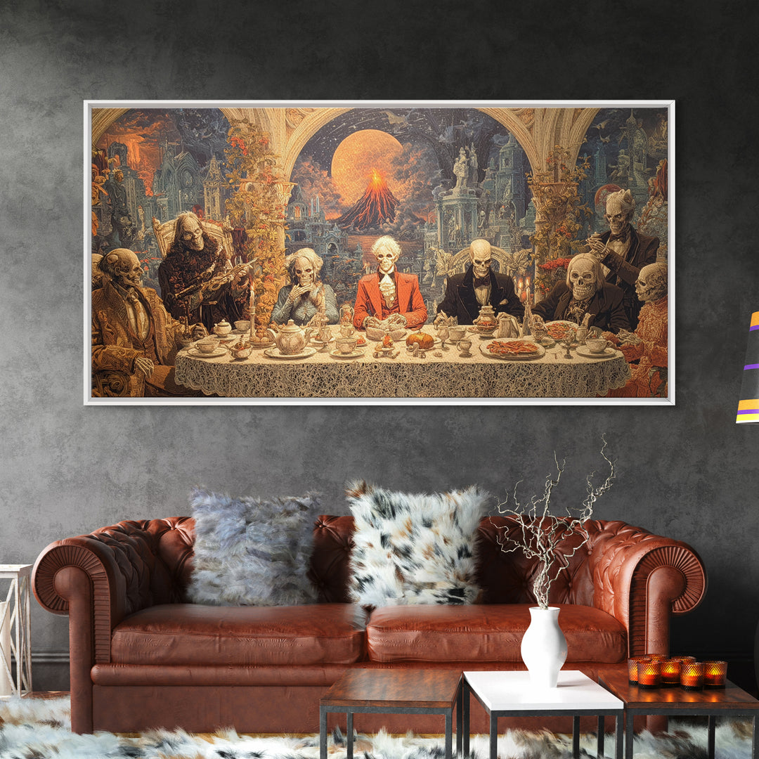 The Zombie Picnic, Apocalyptic Romantic Art, Wide Panoramic Art, Macabre Wall Art, Framed Canvas Print, Halloween Wall Art, Halloween Decor