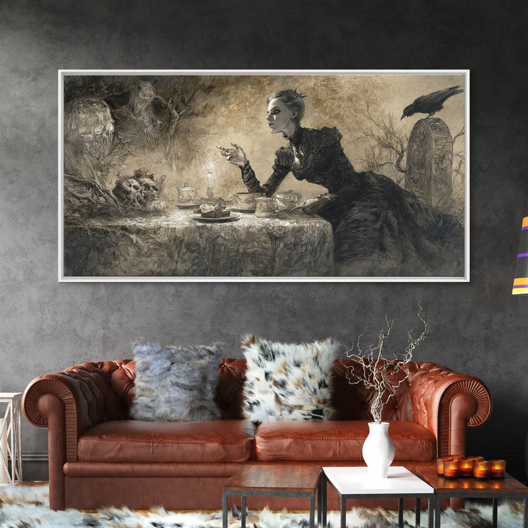 The Zombie Picnic, Symbolist Dream Art, Wide Panoramic Art, Macabre Wall Art, Framed Canvas Print, Halloween Wall Art