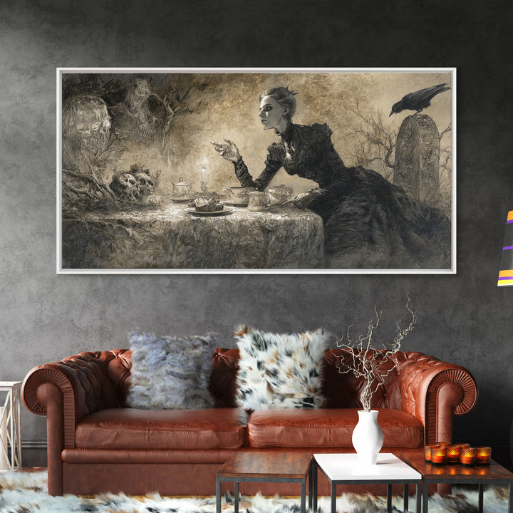The Zombie Picnic, Symbolist Dream Art, Wide Panoramic Art, Macabre Wall Art, Framed Canvas Print, Halloween Wall Art