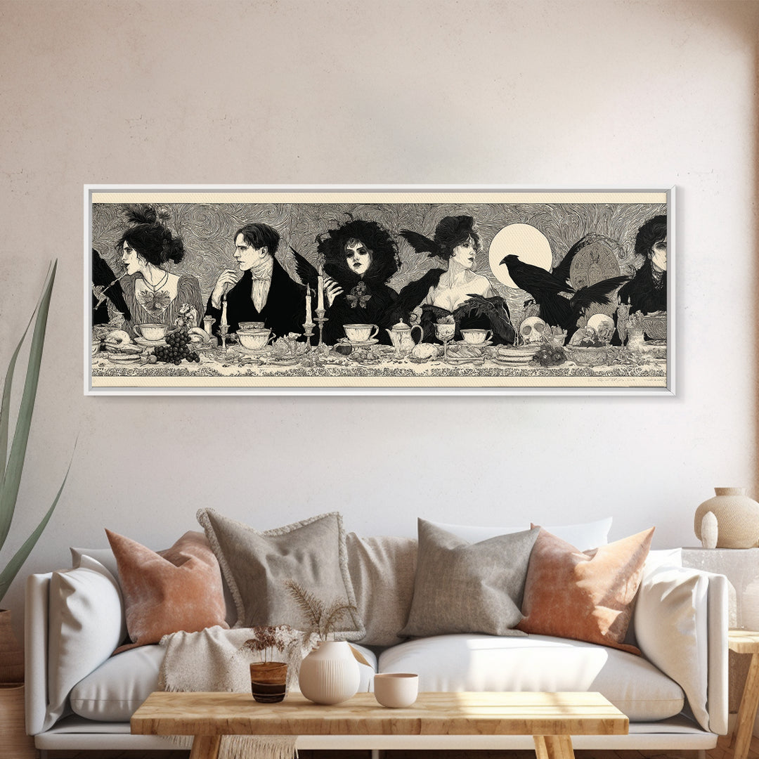 The Zombie Picnic, Decadent Line Art, Extra Wide Wall Art, Dark Halloween Decor, Framed Canvas Print, Halloween Wall Art