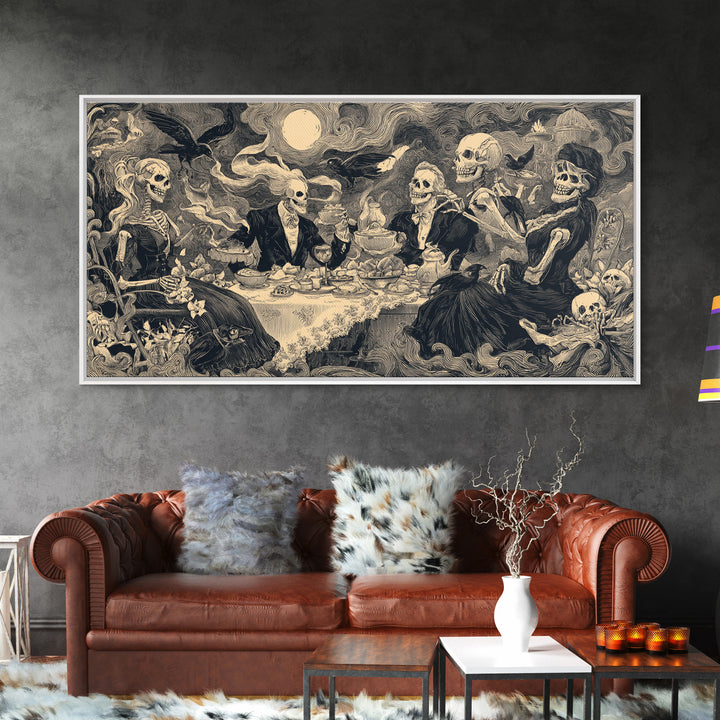 The Zombie Picnic, Macabre Folk Print Art, Wide Panoramic Art, Macabre Wall Art, Framed Canvas Print, Halloween Wall Art