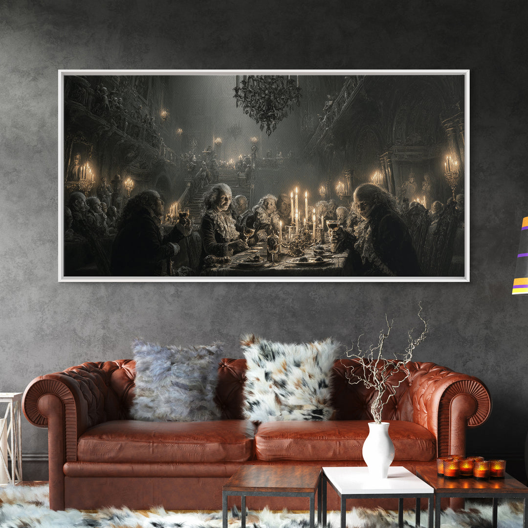 The Vampire Banquet, Architectural Etching Art, Wide Panoramic Art, Gothic Horror Wall Art, Canvas Print, Halloween Wall Art