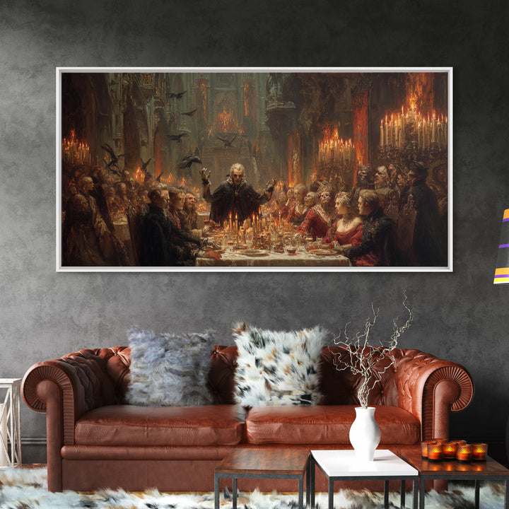 The Vampire Banquet, Apocalyptic Romantic Art, Wide Panoramic Art, Dark Fantasy Wall Art, Framed Canvas Print, Halloween Wall Art