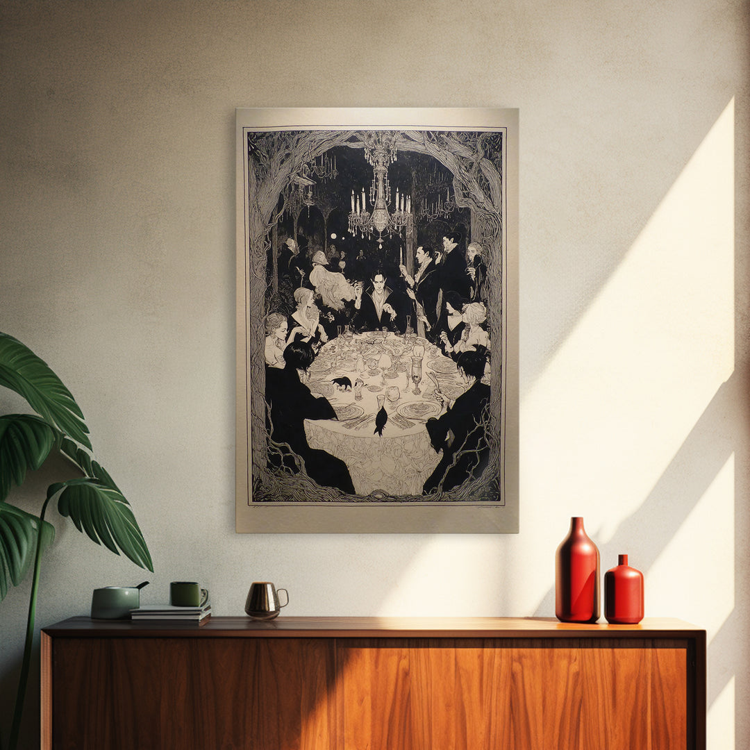 The Vampire Banquet, Decadent Line Art, Vertical Wall Art, Gothic Horror Wall Art, Framed Canvas Print, Halloween Wall Art