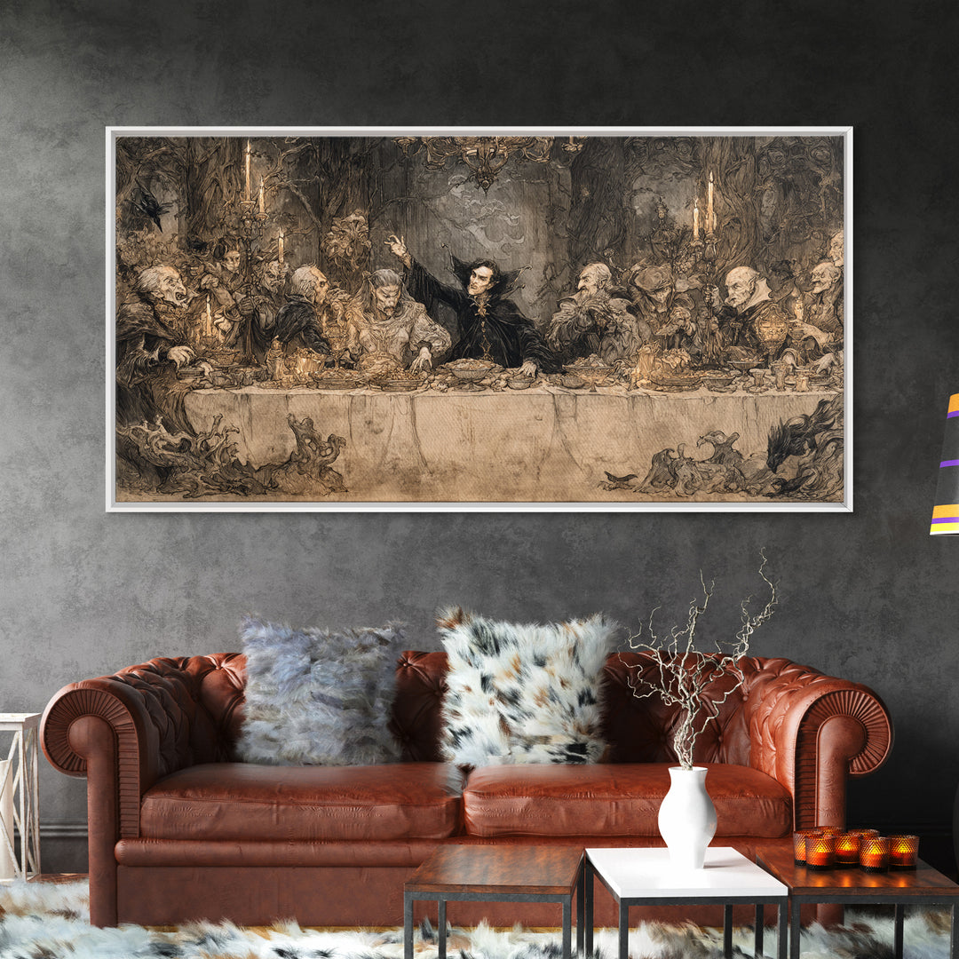 The Vampire Banquet, Gothic Storybook Art, Wide Panoramic Art, Dark Fantasy Wall Art, Canvas Print, Halloween Wall Art