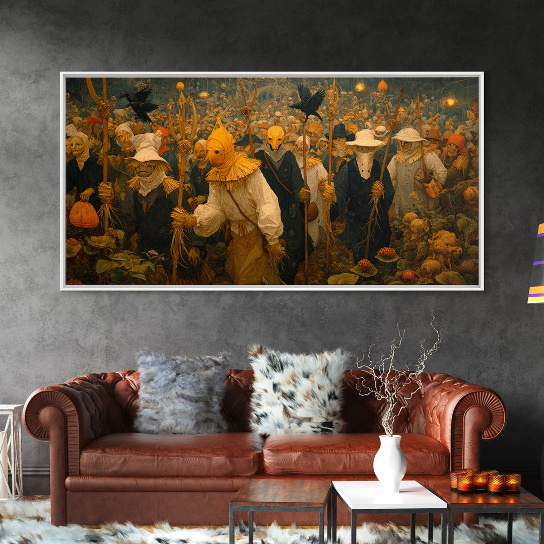 The Scarecrow Uprising, Medieval Grotesque Art, Wide Panoramic Art, Macabre Wall Art, Framed Canvas Print, Halloween Wall Art