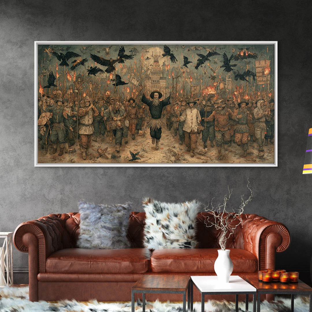 The Scarecrow Uprising, Northern Renaissance Horror, Wide Panoramic Art, Macabre Wall Art, Framed Canvas Print, Halloween Wall Art
