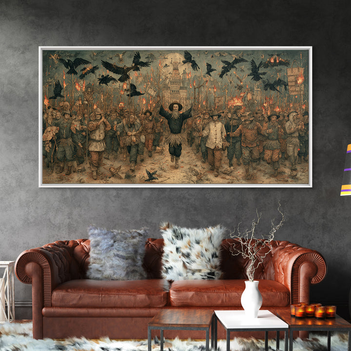 The Scarecrow Uprising, Northern Renaissance Horror, Wide Panoramic Art, Macabre Wall Art, Framed Canvas Print, Halloween Wall Art