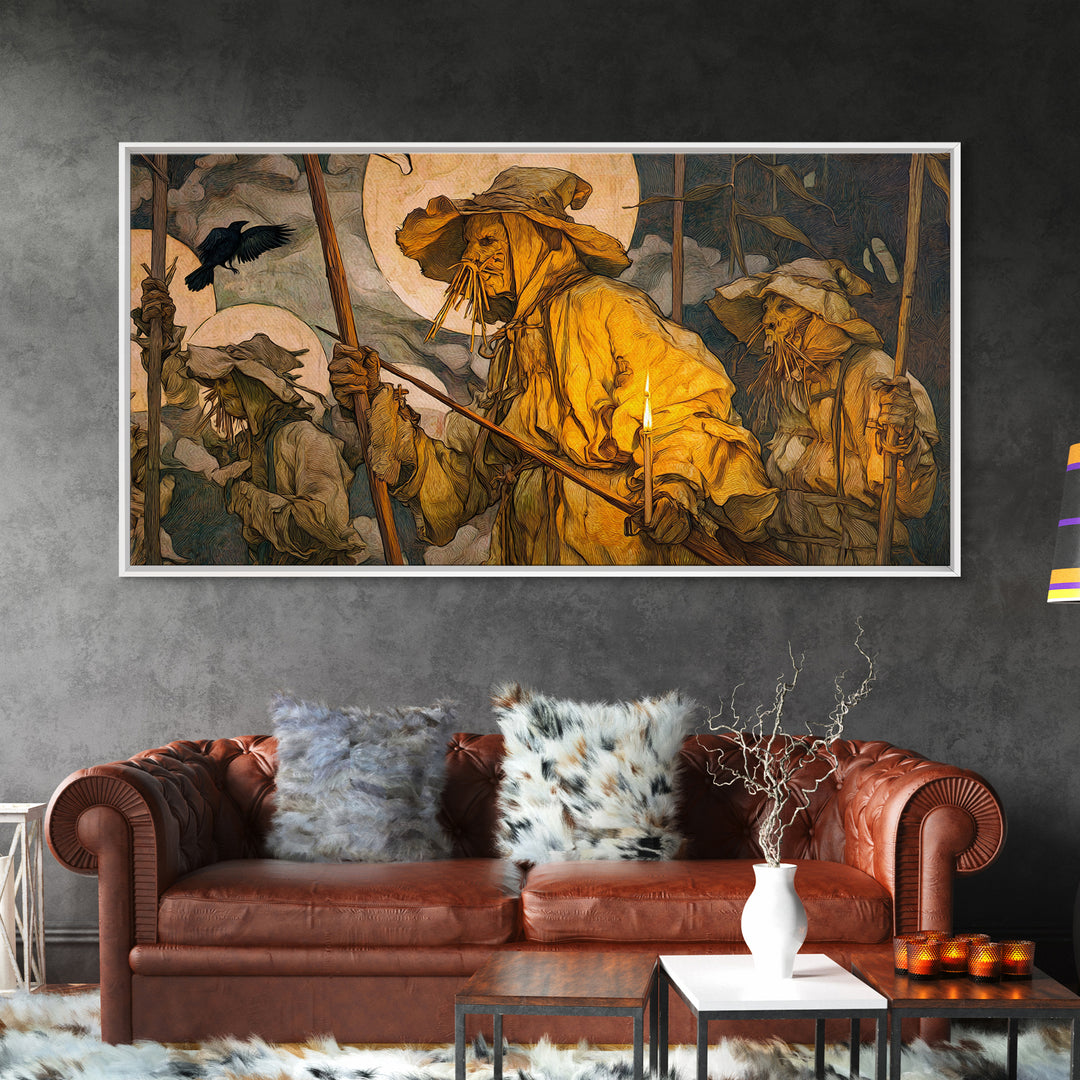 The Scarecrow Uprising, Dark Renaissance Art, Wide Panoramic Art, Dark Halloween Decor, Framed Canvas Print, Halloween Wall Art