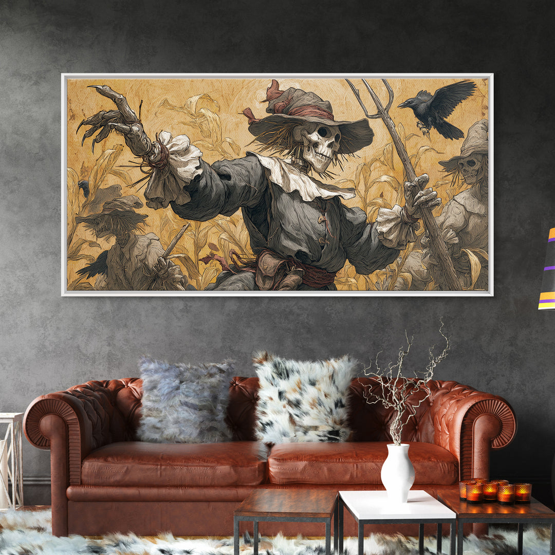 The Scarecrow Uprising, Danse Macabre Art, Wide Panoramic Art, Macabre Wall Art, Framed Canvas Print, Halloween Wall Art
