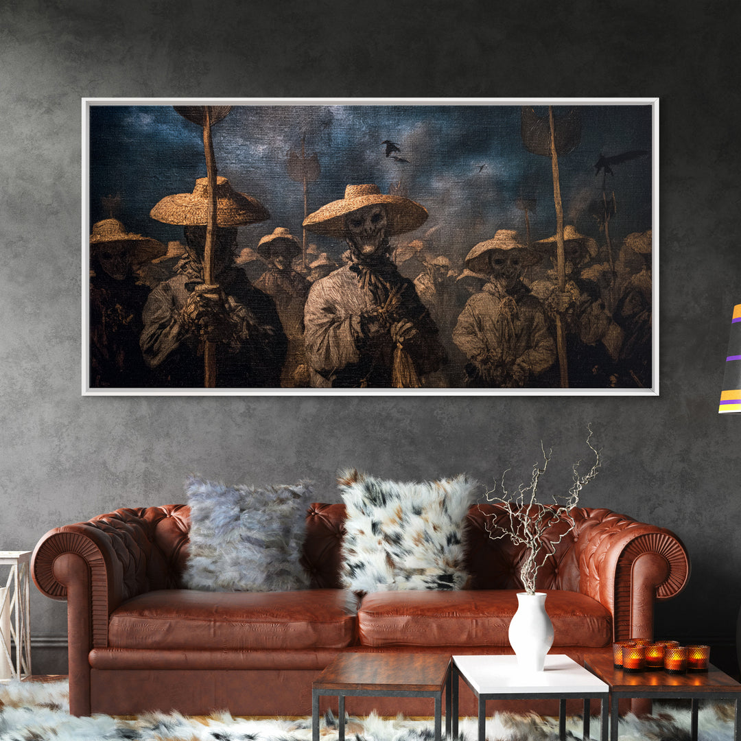 The Scarecrow Uprising, Dark Romantic Horror Art, Wide Panoramic Art, Macabre Wall Art, Framed Canvas Print, Halloween Wall Art