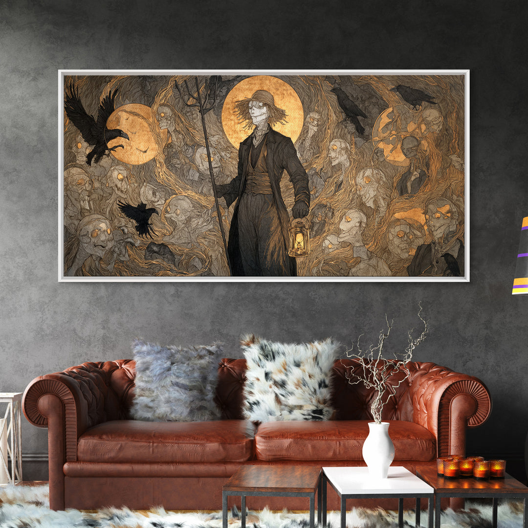 The Scarecrow Uprising, Gothic Nightmare Art, Wide Panoramic Art, Dark Halloween Decor, Framed Canvas Print, Halloween Wall Art